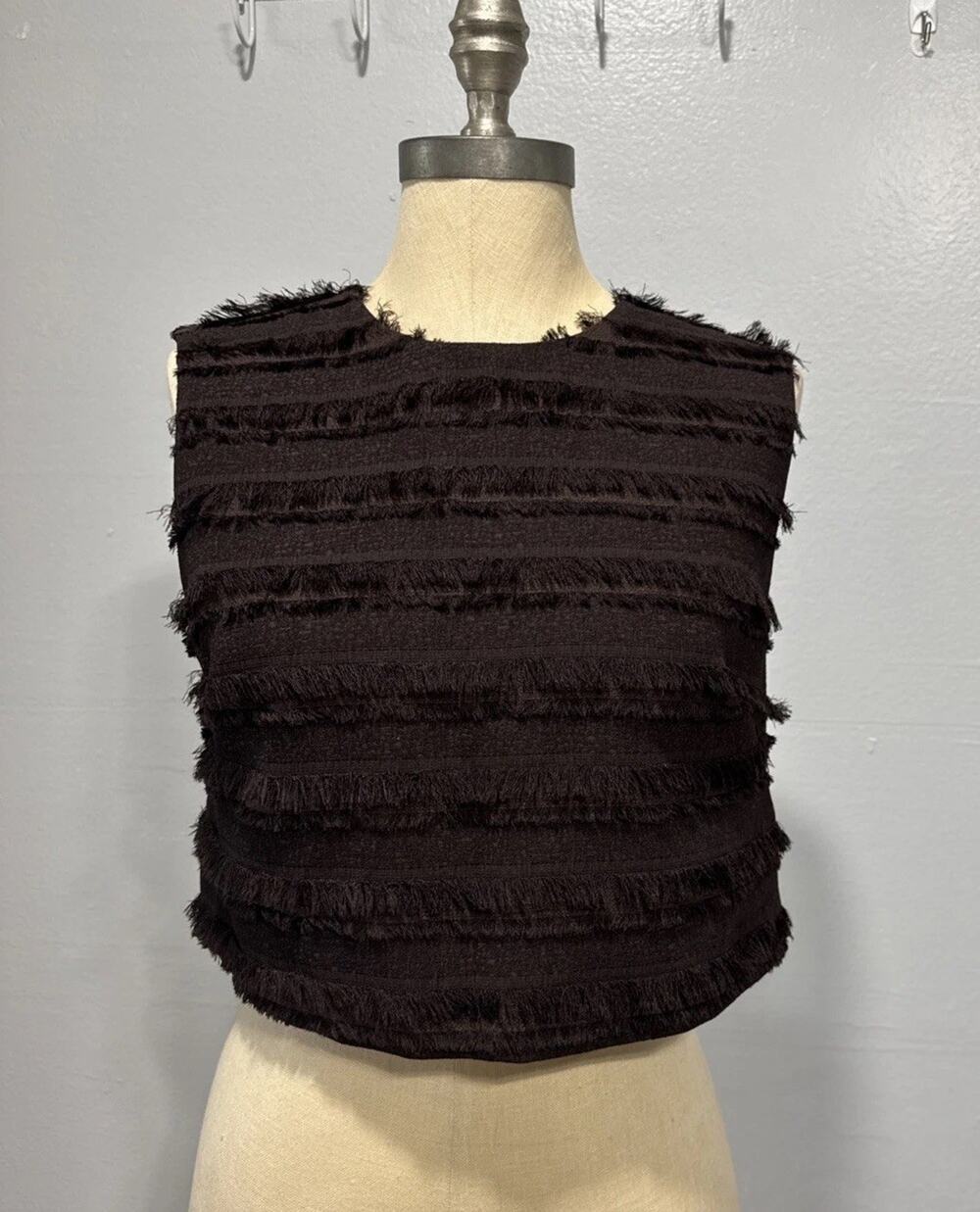 H&M Edition Womens S Fringe Trimmed Top Short Sleeve Blouse Brown Party Dressy
